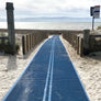 Photograph of an Australian beach that has a blue Mobi-Mat running down to the sea with a Mobi-Fence running along each side of the Mobi-Mat. Sea in the distance. Sand in the foreground.